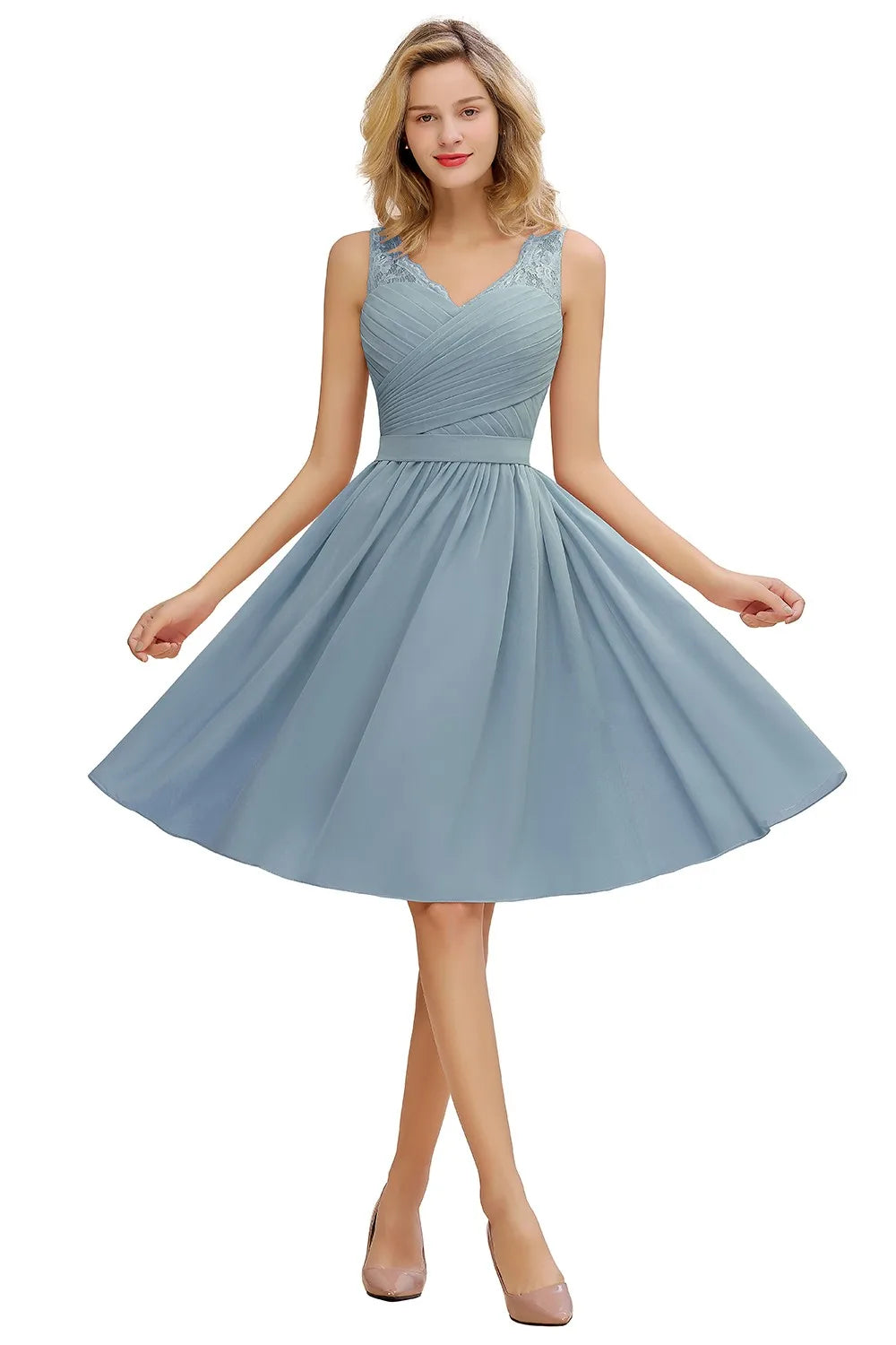 Maxy Hot Sale Chiffon Lace Bridesmaid Dresses Pleat V Neck Short Formal Wedding Evening Party Prom Gown For Bride Cocktail Vestidos
