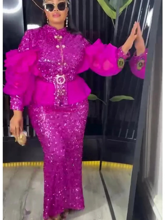 Amay Clothes for Women 2 PCS Sets Tops and Skirts Suits Dashiki Ankara Turkey Sequin Outfit Plus Size Wedding Party Dresses