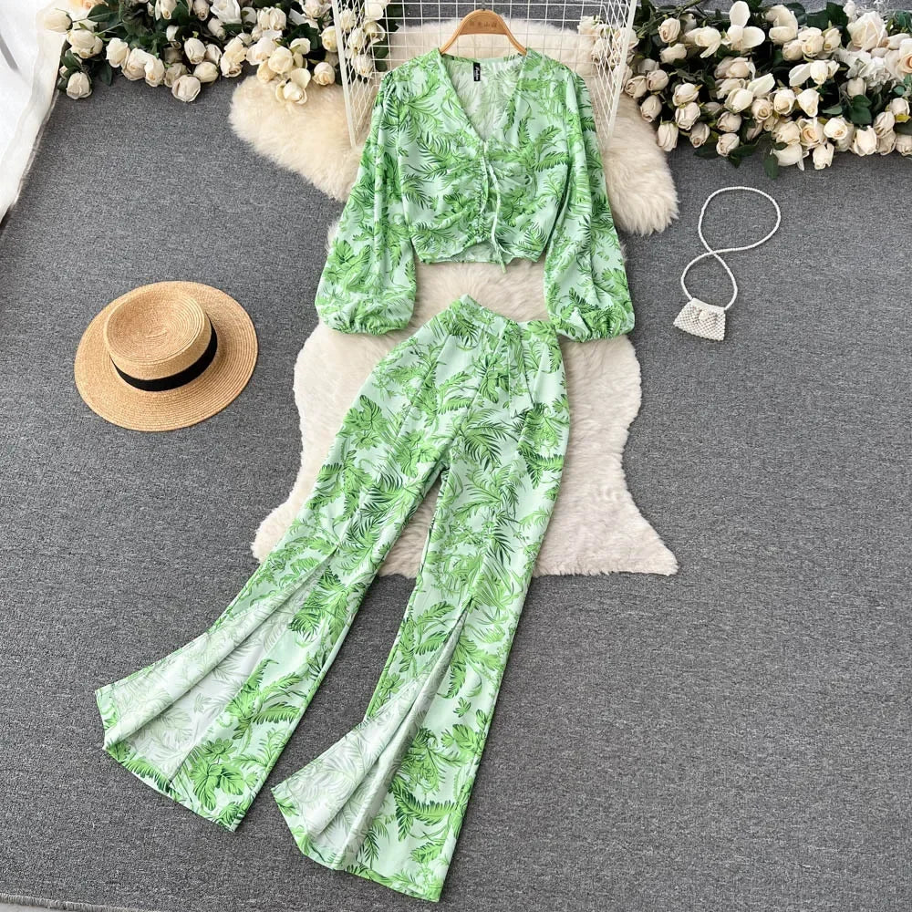 Maxy Summer Women Floral Printed Two Piece Set Sexy V Neck Lantern Sleeve Short Tops + Wide Leg Pants Suit Vacation Beach New
