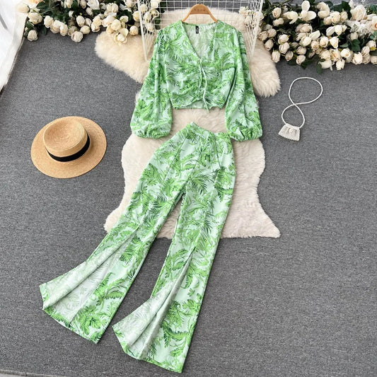Maxy Summer Women Floral Printed Two Piece Set Sexy V Neck Lantern Sleeve Short Tops + Wide Leg Pants Suit Vacation Beach New