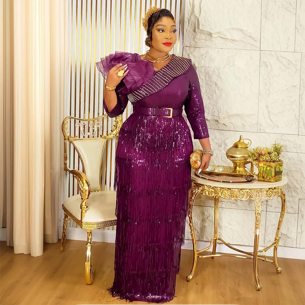 Maxy Plus Size African Party Dresses for Women New Dashiki Tassel Sequin Wedding Evening Gown Elegant Muslim Maxy Dress Outfits