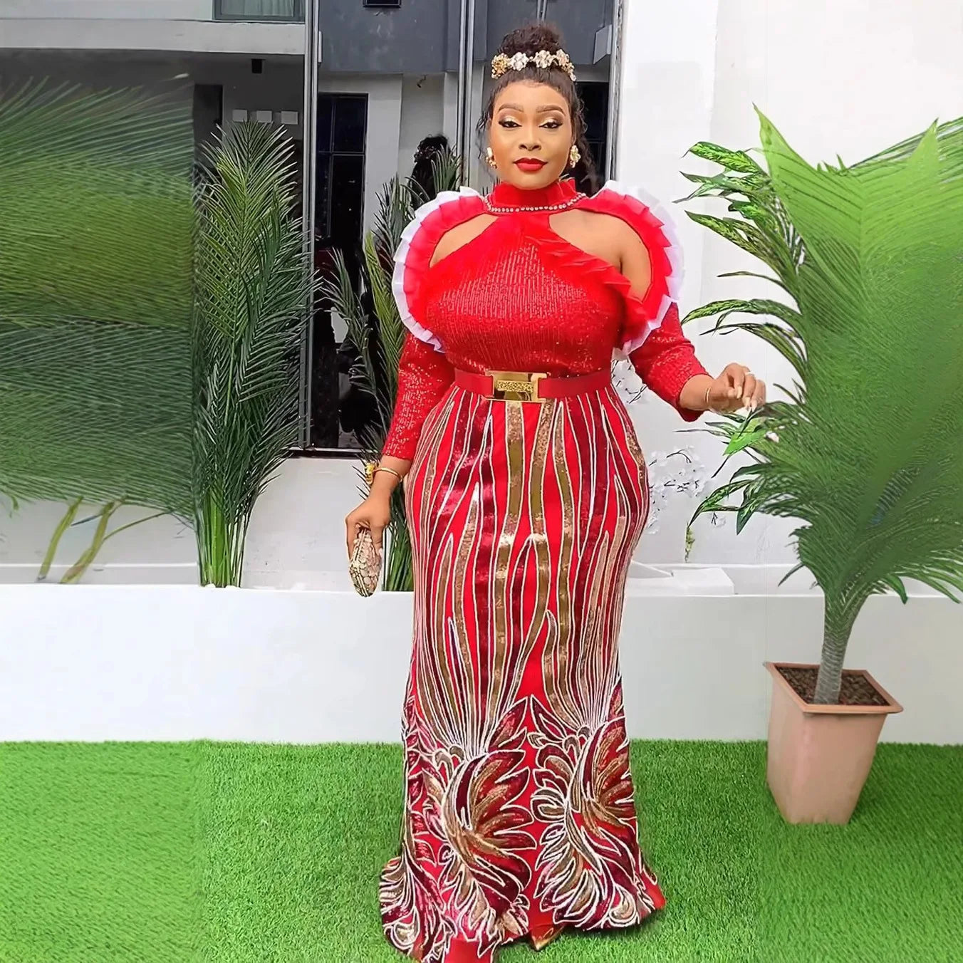 Maxy Plus Size Evening Dresses for Women African Luxury Sequin Gown Elegant Turkey Wedding Party Long Dress Ankara Dashiki Kaftan New
