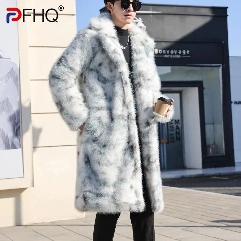 Visco Long Knee Length Faux Fur Coat Turn-down Collar Korea Fashion Contrast Color Long Sleeve Male Tops Jacket 21Z5563