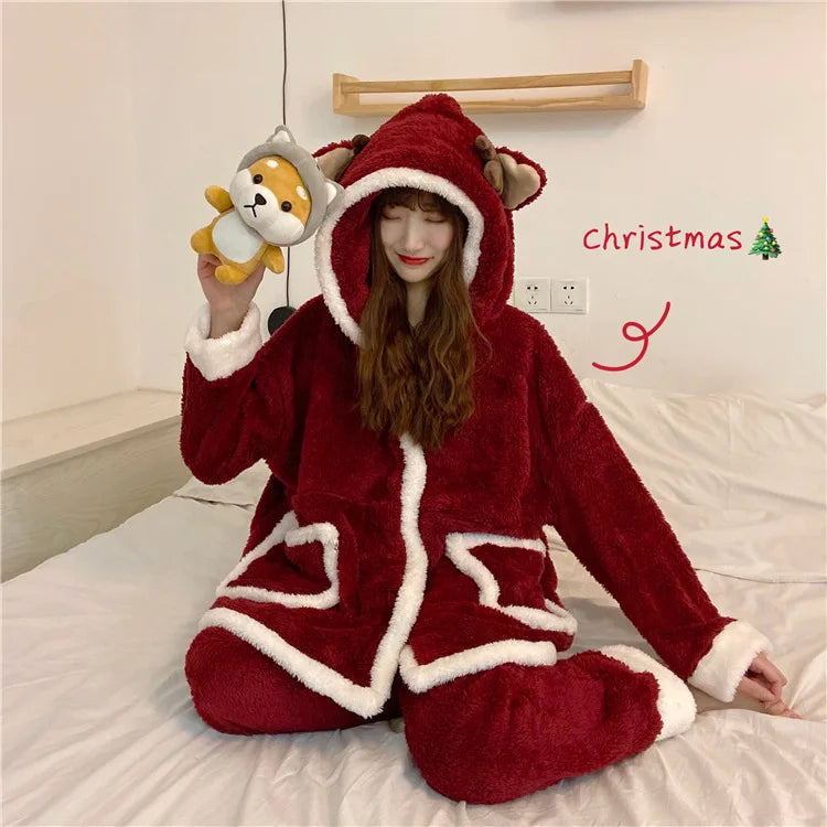 Winter Women Pajamas Christmas Red Reindeer Hooded Set Lounge Homewear Sleep Wear Warm Fluffy Comfy Cute Sweet Kawaii Pajama