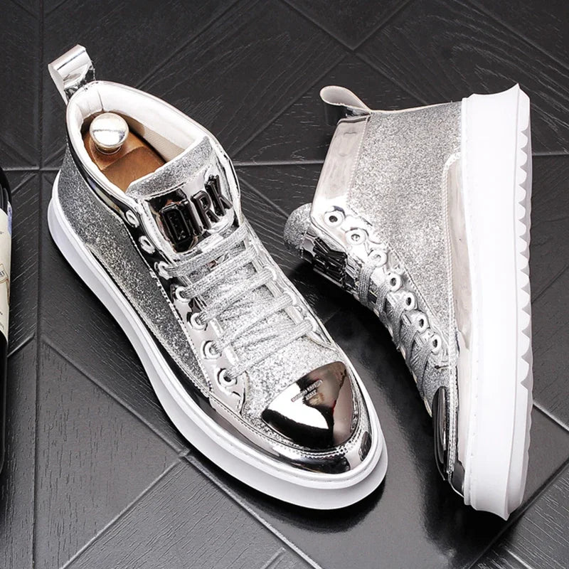 Amay Fashion Y2K boots for men shine leather metal decoration high top boot luxury shoes hairdresser Casual Male sneakers Botines