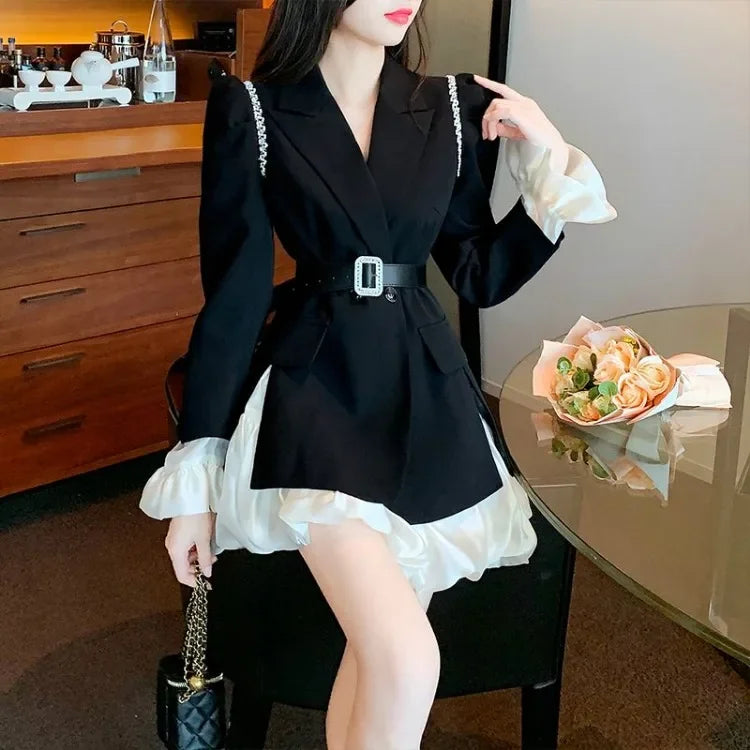 Maxy Elegant Vintage Diamond Slim Fit Long Sleeve Black Coat Women+ High Waist Patchwork Skirts Early Autum New Two Piece Sets