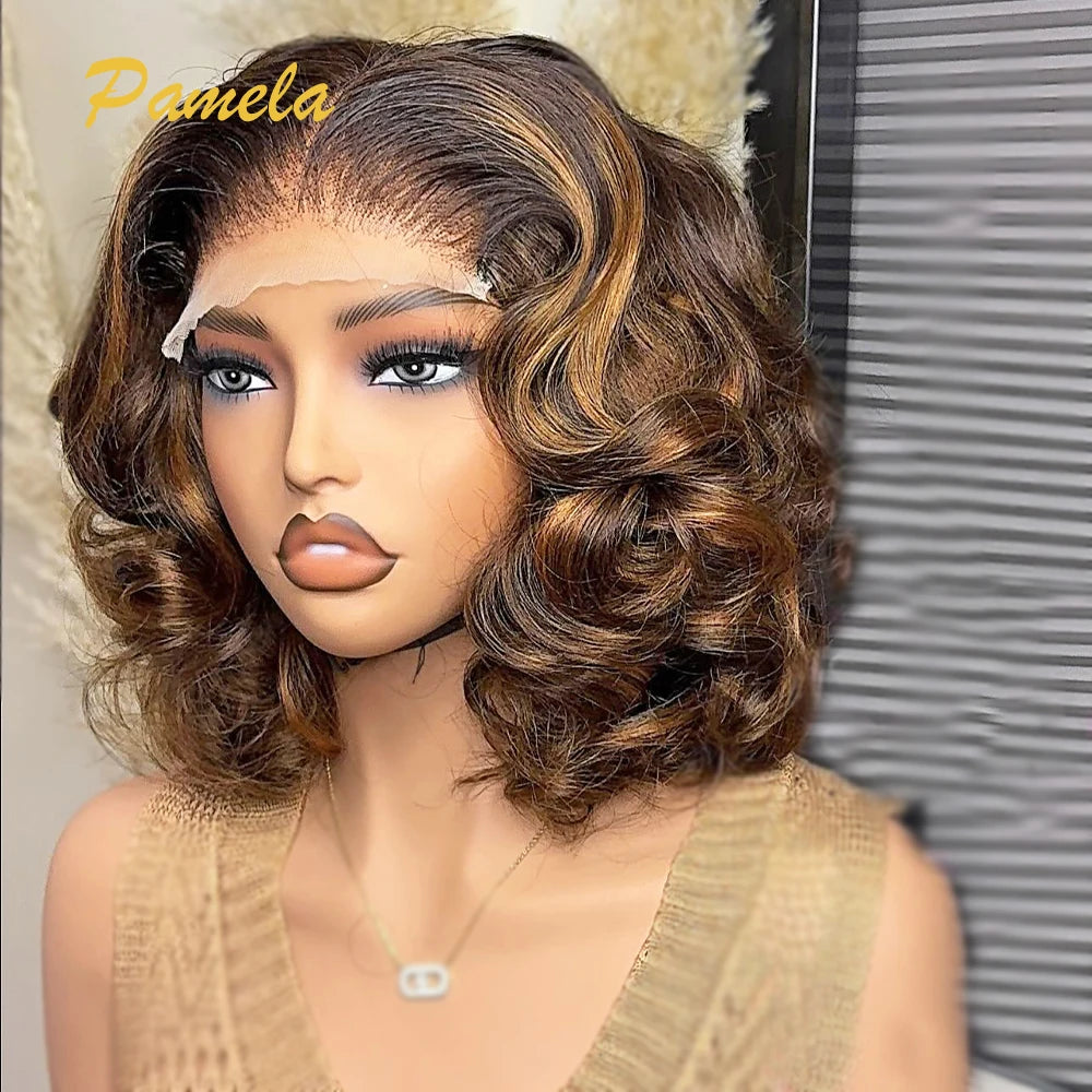 Maxy Ombre Blonde Short Bob 4x4 Glueless Human Hair Wigs 13x4 Transparent Lace Frontal Wigs Brown Loose Deep Wave Bob For Women