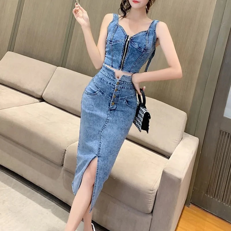 Maxy denim 2 piece set women Korean outfits summer top and skirt two piece set Sexy elegant 2024 fashion midi skirt new in matching