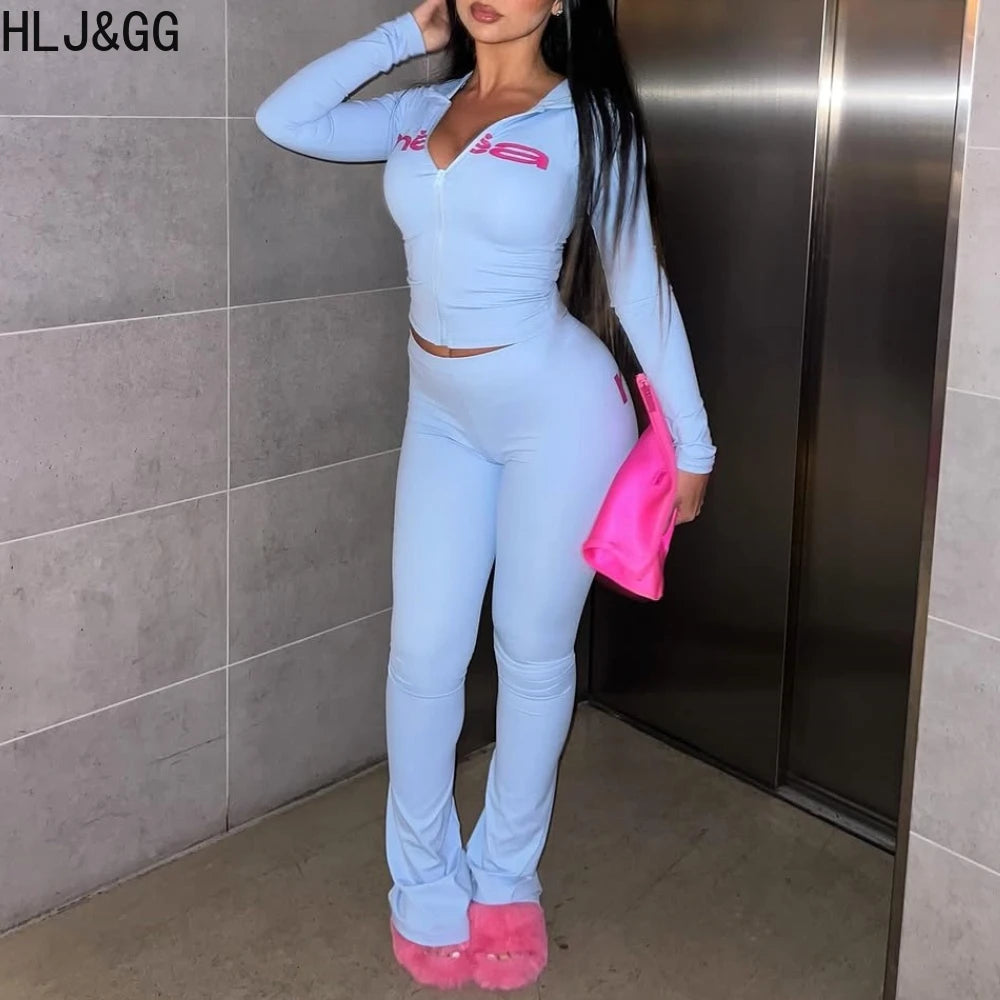Maxy HLJ&GG Trend Y2K Letter Print Hooded Tracksuits Women Zipper Long Sleeve Slim Top And Skinny Pants Outfits Fashion Streetwear