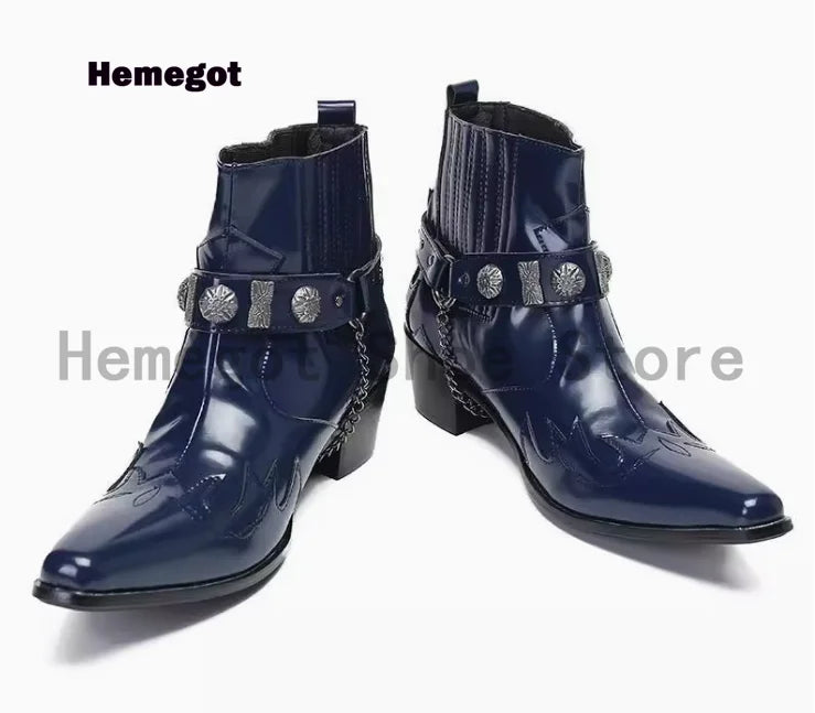 Visco Vintage Gray Men's Boots Metal Chain Buckle Pointed Toe Ankle Chelsea Boots Genuine Leather Dress Boots Stylish Handmade Boots