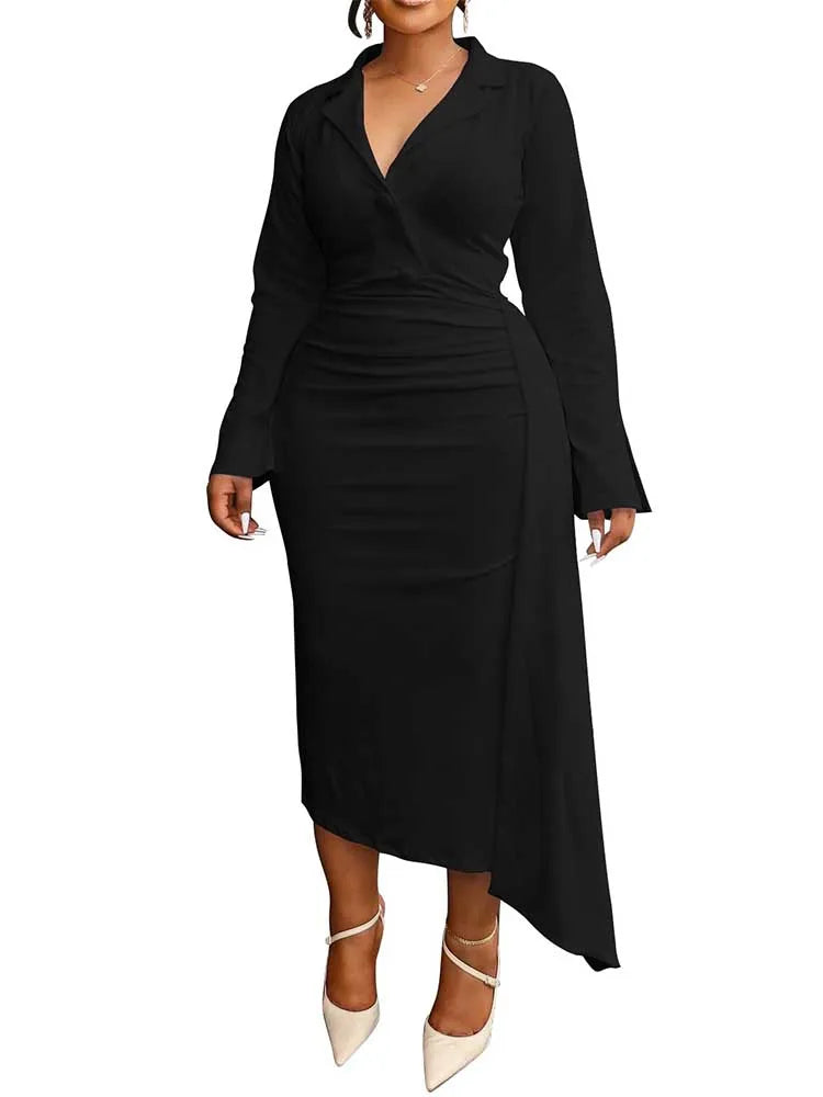 Maxy Plus Size Chubby Dress Curvy Women Solid Color Luxurious Slimming Evening Dresses V Neck Blazer Collar Long Sleeve Elegant Dress