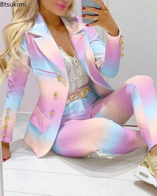 Maxy Women's Two Piece Set Formal Business Office Tracksuits For Women Outfits Elegant Blazer Suits Jacket + Pants Women Set Printted