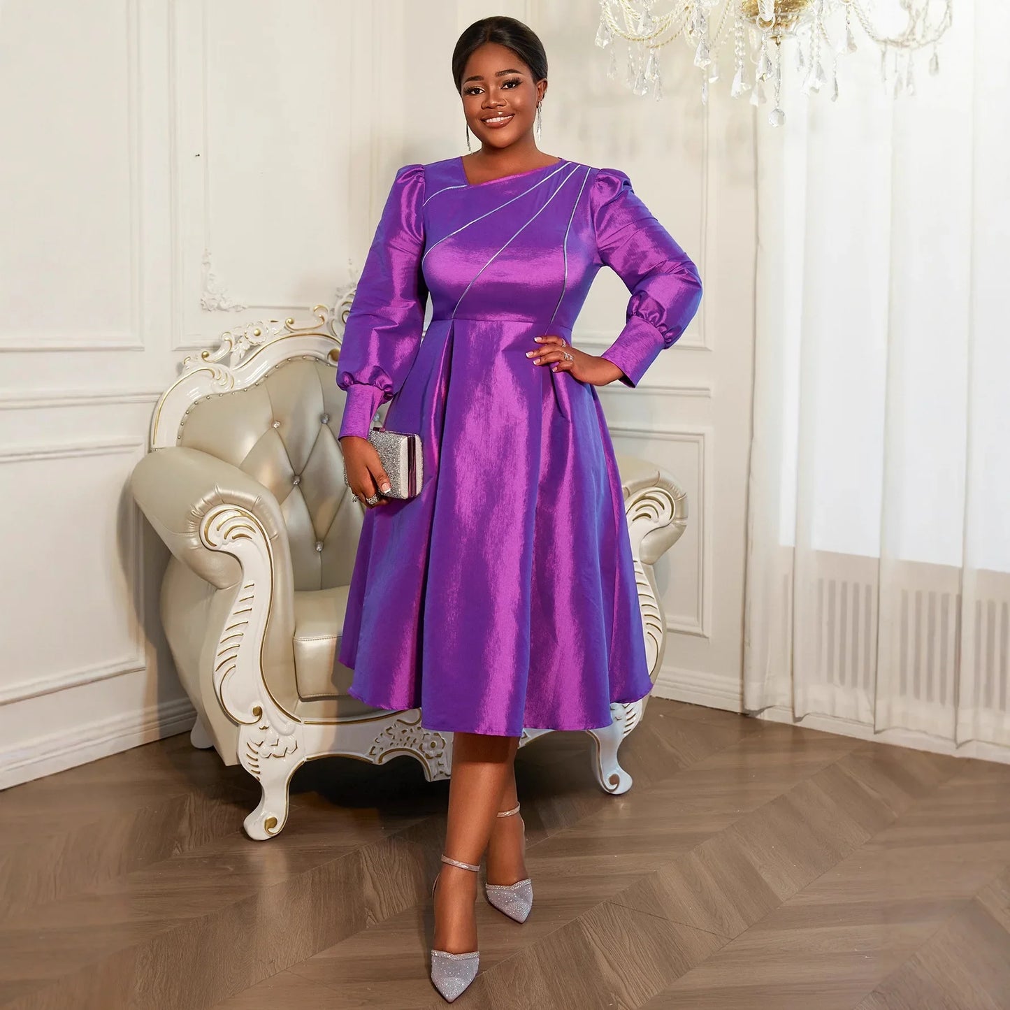 Maxy L-4XL Plus Size Dresses for Women Autumn Elegant Long Sleeve Purple Polyester Party Evening Midi Dress Ankara Dress