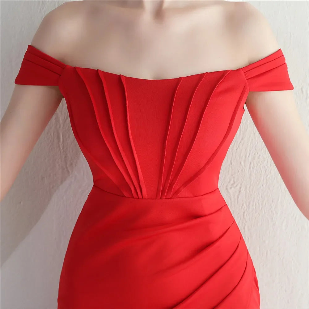 Maxy Evening Dress Red Stretchy Off the Shoulder Pleat Zipper Back Mermaid Trumpet Floor Length Slit Women Party Formal Gowns YE101