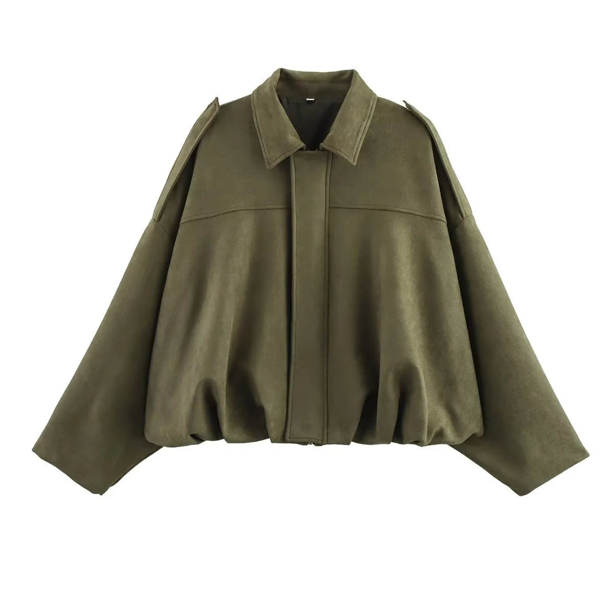 Maxy Women's Army Elegant Bomber Jackets Coats Fashion Turn-down Collar Long Sleeve Loose Coats Vintage Female Outerwear Chic Tops