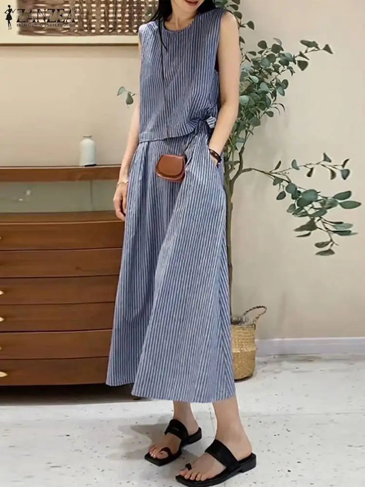 Maxy 2PCS Women Elegant Matching Sets ZANZEA Summer Sleeveless Blouse Dress Sets 2pcs Holiday Outfits Fashion Work Tracksuits