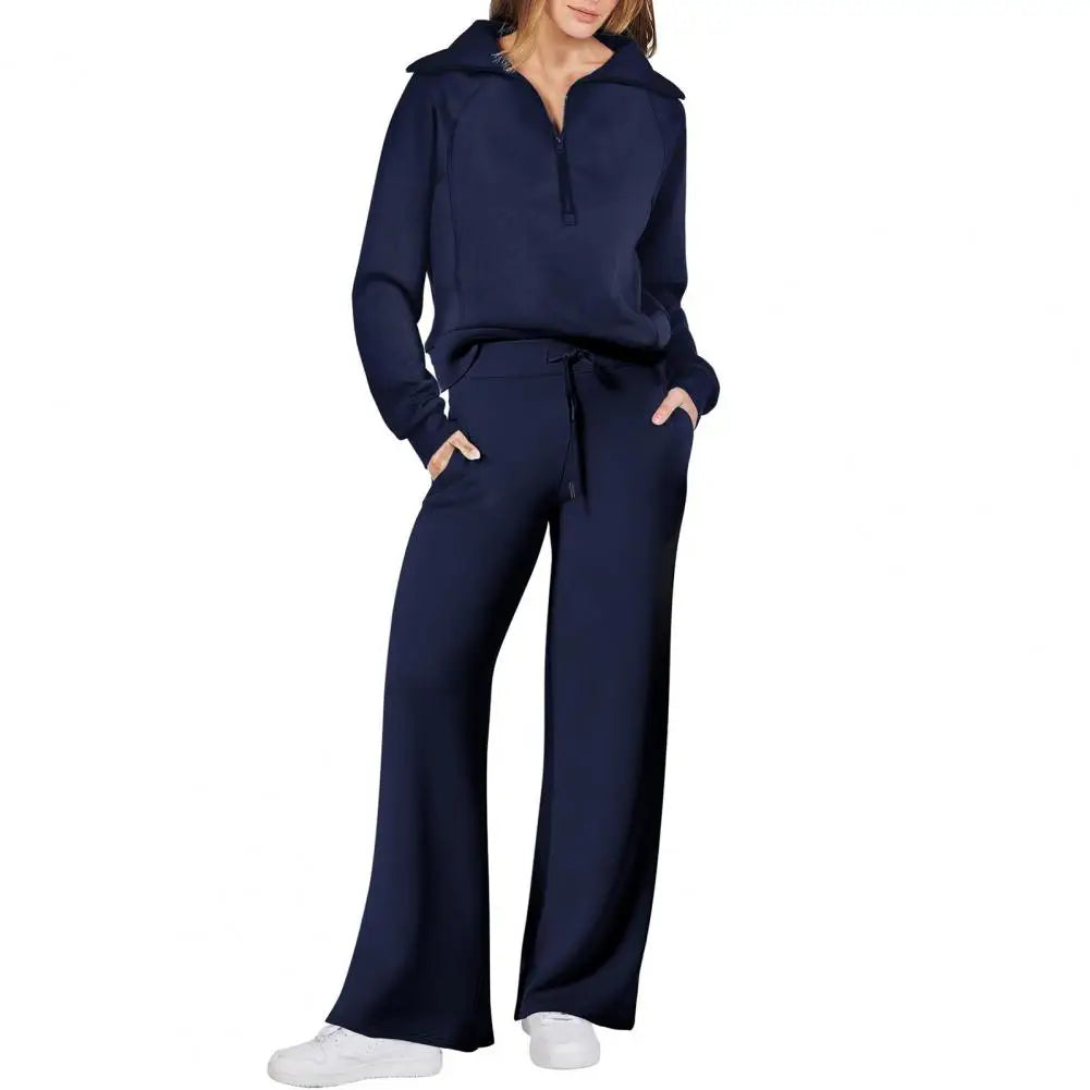 Oversized Sweatshirt Pants Set Women Two-piece Casual Suit Thick Loose Solid Color Tracksuit Set with Lapel Coat Wide for Fall