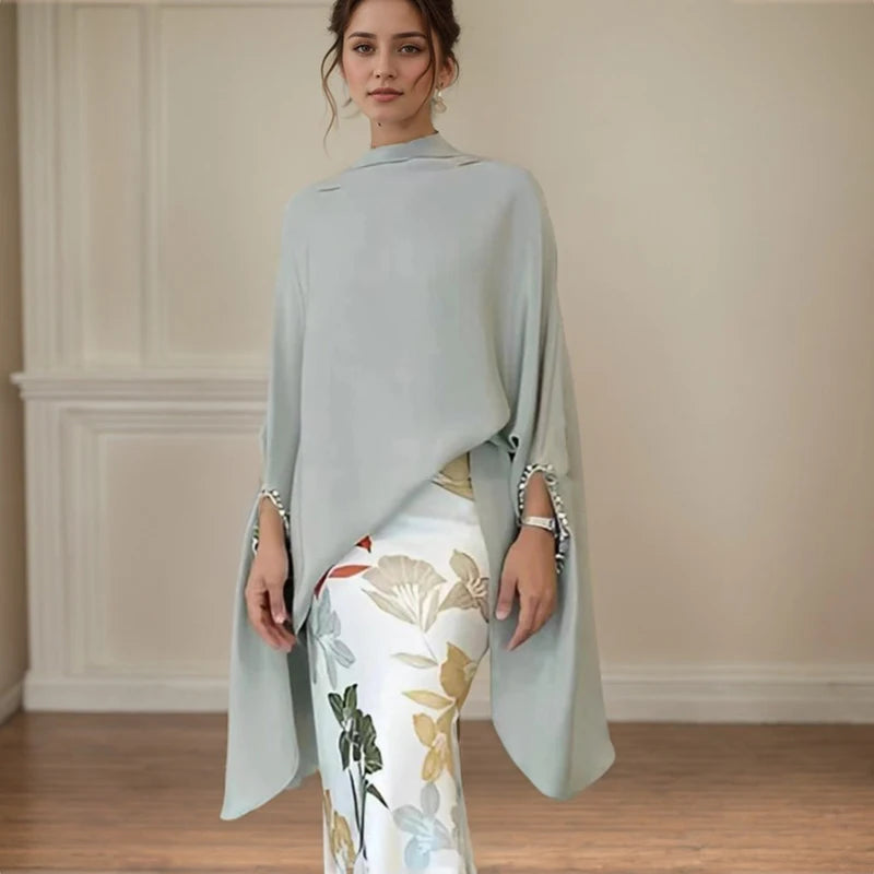 Maxy Vintage High Street Long Dress Suit Elegant Batwing Sleeve Tops Blouse Long Skirt Two Piece Set High Fashion Commuting Satin Set