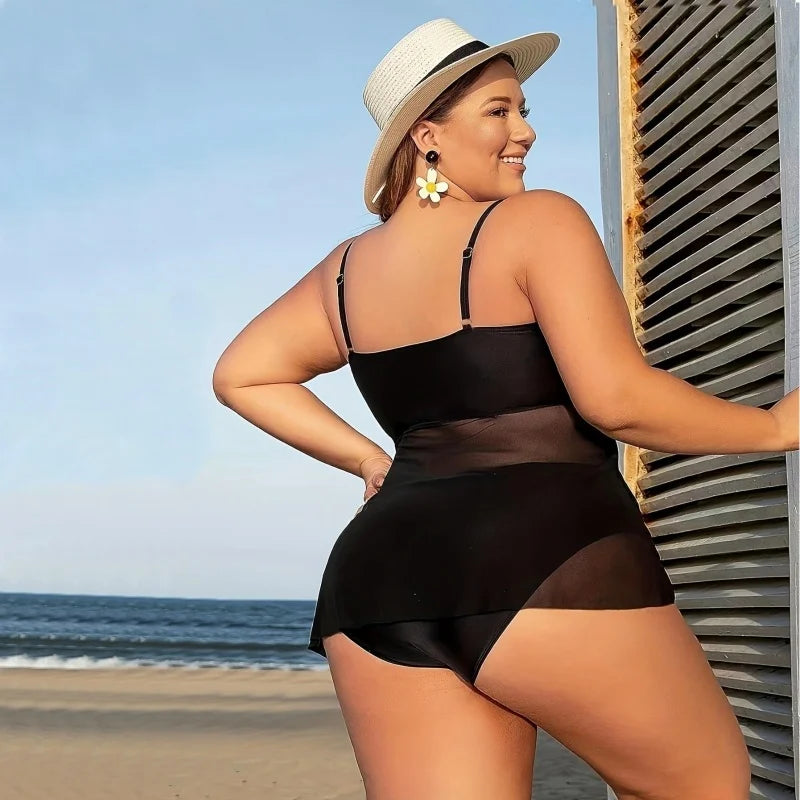 Maxy Swimsuits Women Padded Plus Size High Waist Two Piece Halter Mesh Swimwear Tankini Top Big Breasts Bathing Suit Beachwear