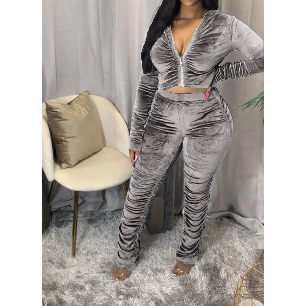 Maxy Autumn Winter Velvet Tracksuit Two Piece Set for Women Matching Sets Ruched Hoodies Jacket Stacked Pants Joggers Sweat Suits