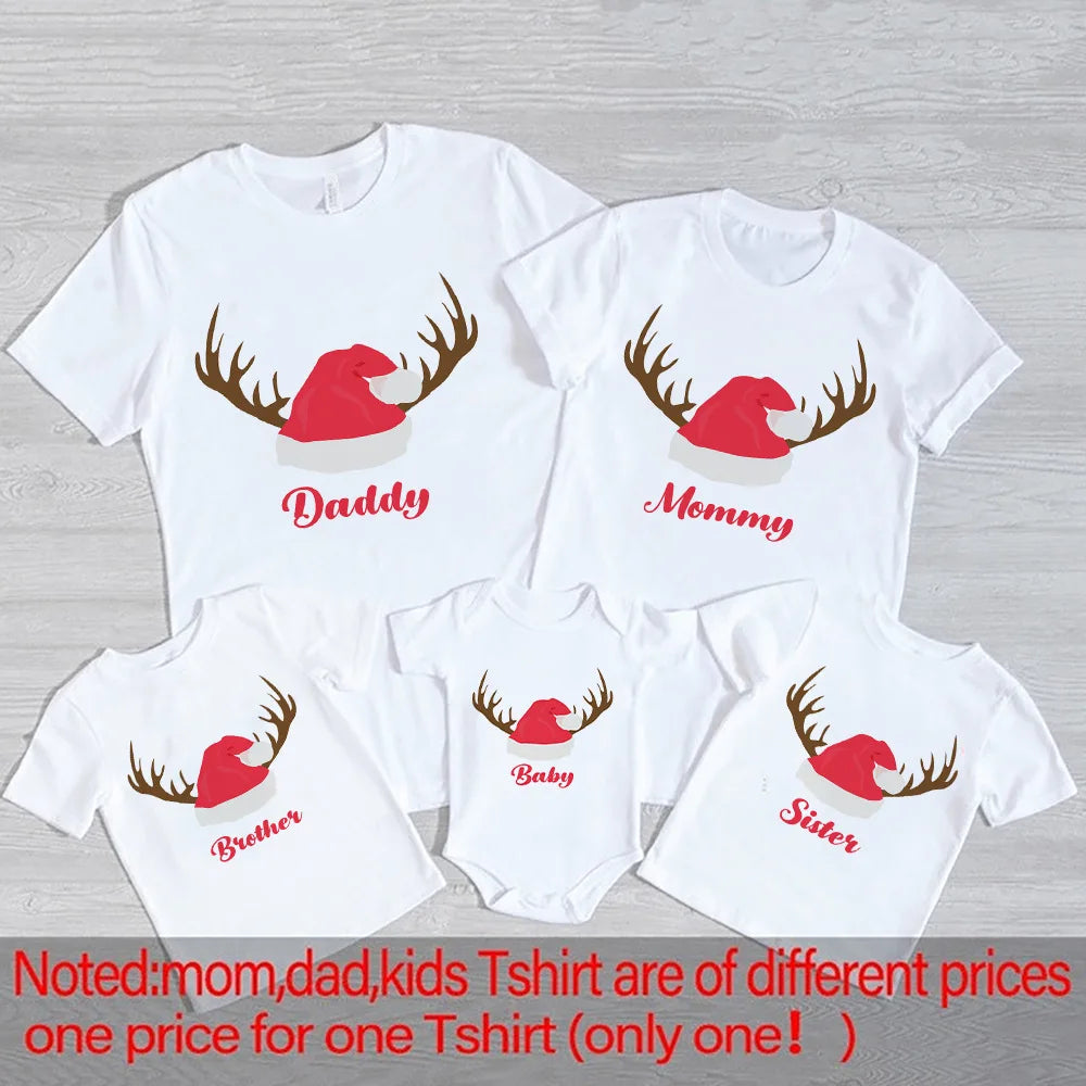 Family Christmas Matching Outfits T-shirt Xmas Party Set Clothes Daddy Mommy Daughter Son White T Shirt +baby Romper Family Look