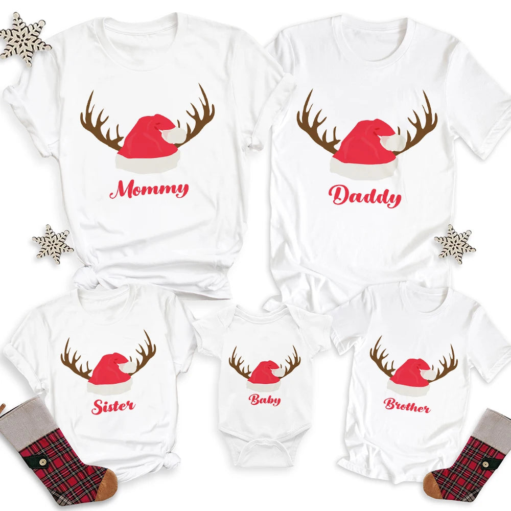 Family Christmas Matching Outfits T-shirt Xmas Party Set Clothes Daddy Mommy Daughter Son White T Shirt +baby Romper Family Look