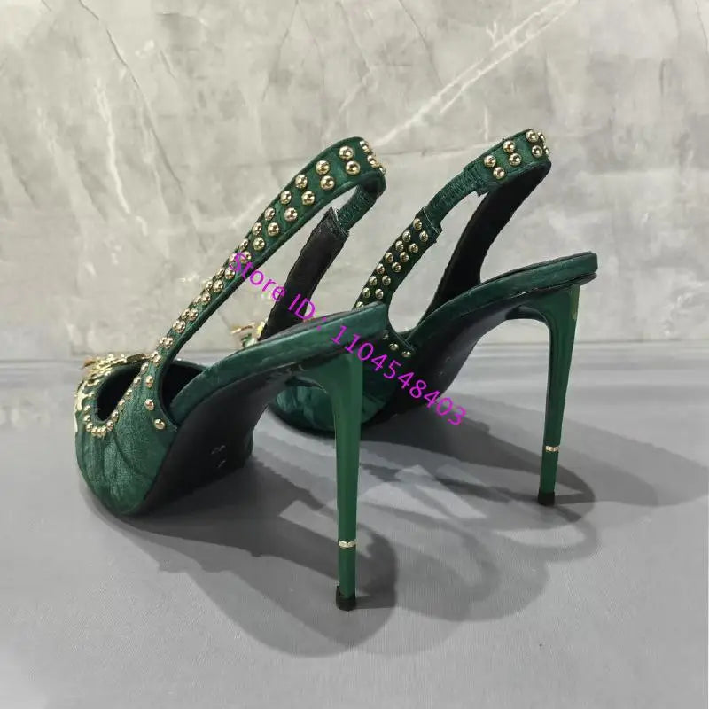 Maxy New Arrive Gold Metal Toe Women High Heel Suede Slingback Sandals Design Lady High Heel Gold Rivets Sandals Plus Size 42