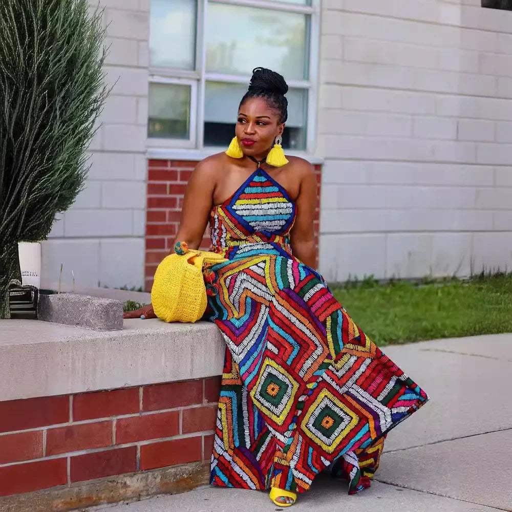 Maxy African Print Dresses for Women Summer African Elegant Spaghetti Strap Africa Clothing Long Maxy Dress Outfits African Clothes