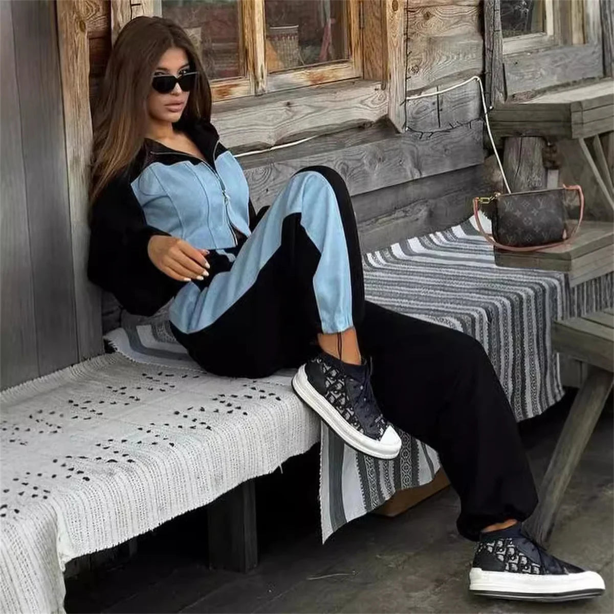 Maxy Casual Patchwork Denim 2 Piece Sets Women Outfit Slim Hoodies Crop Top Wide Leg Sweatpants Suit Streetwear Fashion Tracksuits