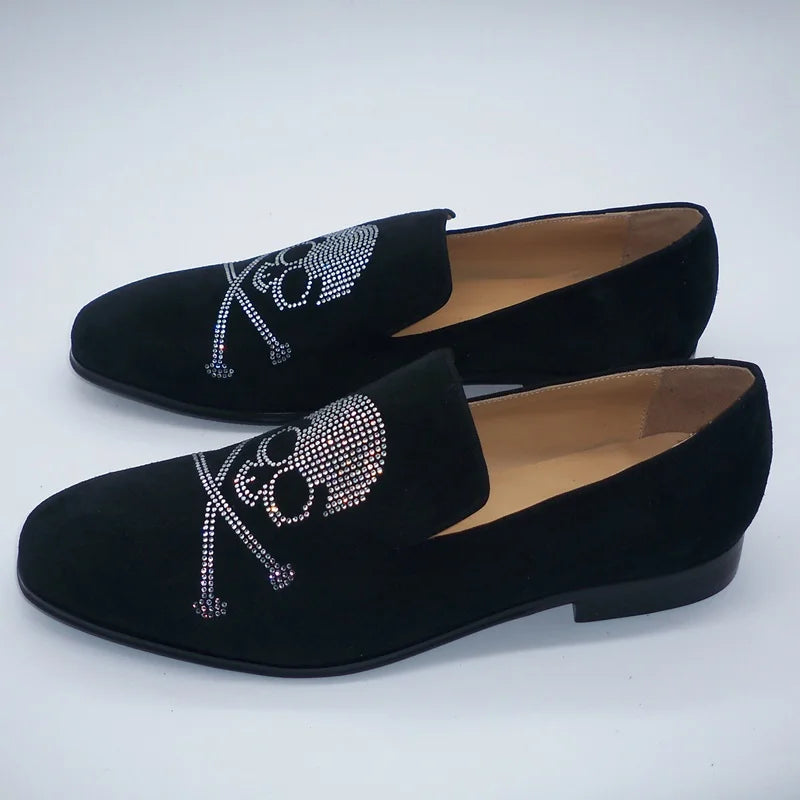 Visco Luxury Man Black Suede Shoes Skull Pattern Rhinestone Loafers For Men Handmade Crystal Shoes Mens Leather Casual Shoes