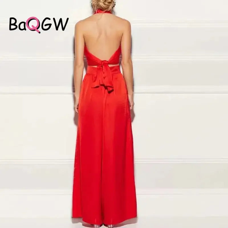 Maxy Sexy Satin Women Two Piece Set Summer Halter Tank Top and High Waist Wide Leg Pants Matching Sets Vintage Party Club Outfits