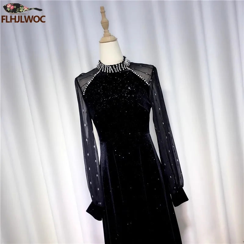 Maxy New Year Retro Vintage French Design Dresses Women Bead Bling Evening Party Elegant Annual Meeting Slim Black Velvet Dress Long