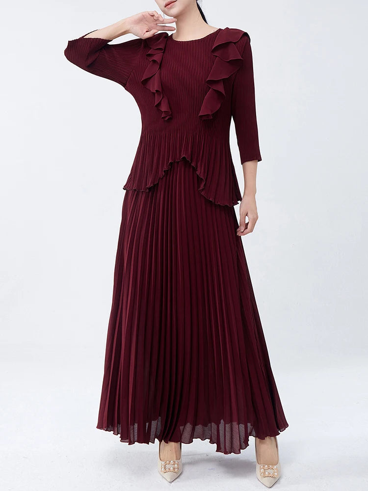 Maxy Pleated Two Pieces Sets Women Ruffles Irregular T Shirt + A Line Loose Skirt New Female Elegant Lady Clothing 6R4839