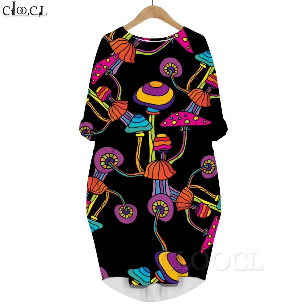 Macy Long Sleeves Dress Abstract Butterfly Graphics 3D Printed Party Dress with Pocket Mid-length Dress Oversized