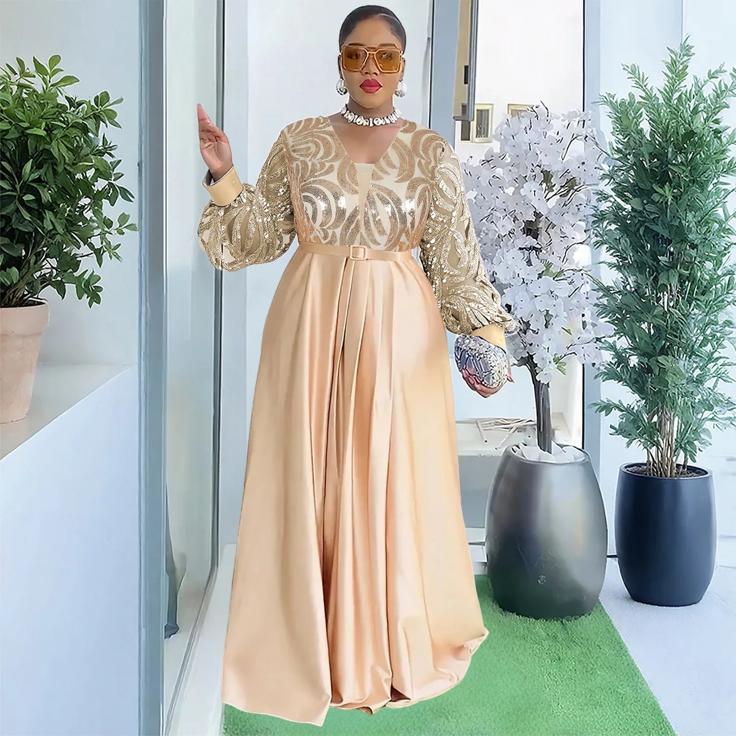 Maxy Plus Size Sequin Dresses for Women Elegant Evening Wedding Party Gown Dashiki Ankara Clothing Kaftan Abaya Robe
