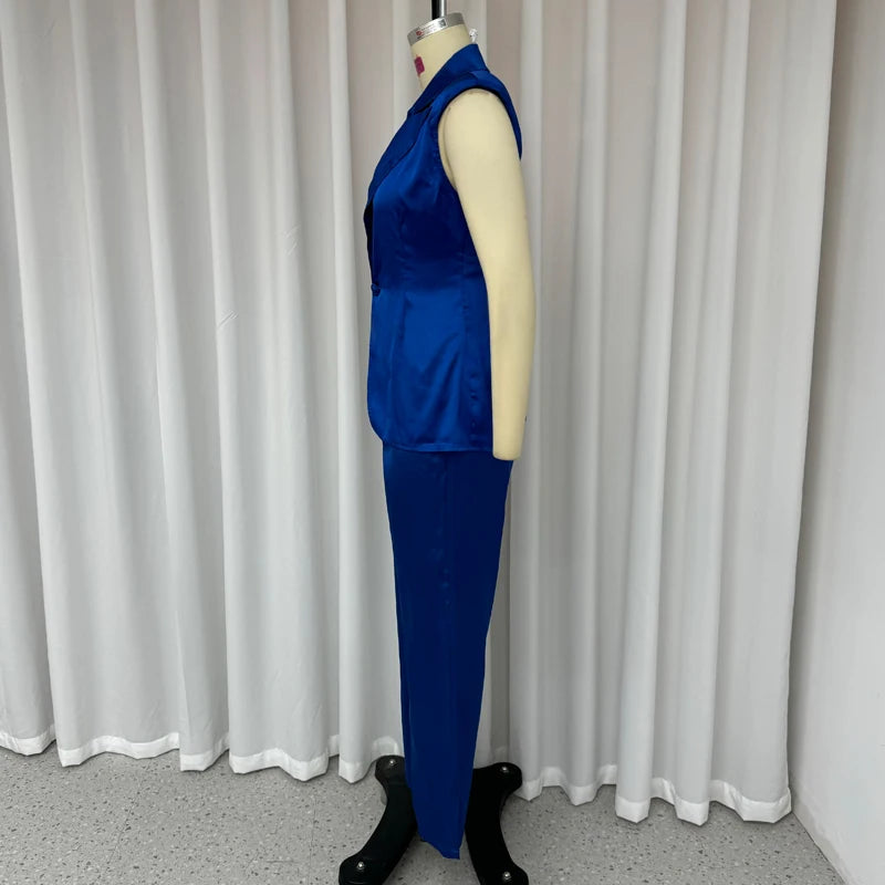 Maxy Wefads Women's Sets Summer Office Lapel V Neck Sleeveless Backless One Button Solid Vest Top Loose Pants Suit High Streetwear