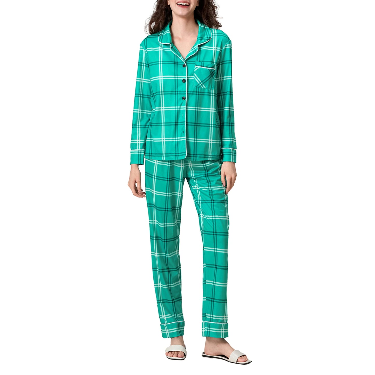 Christmas Family Pajamas Matching Set Plaid Print Long Sleeve Tops and Drawstring Pants Sleepwear