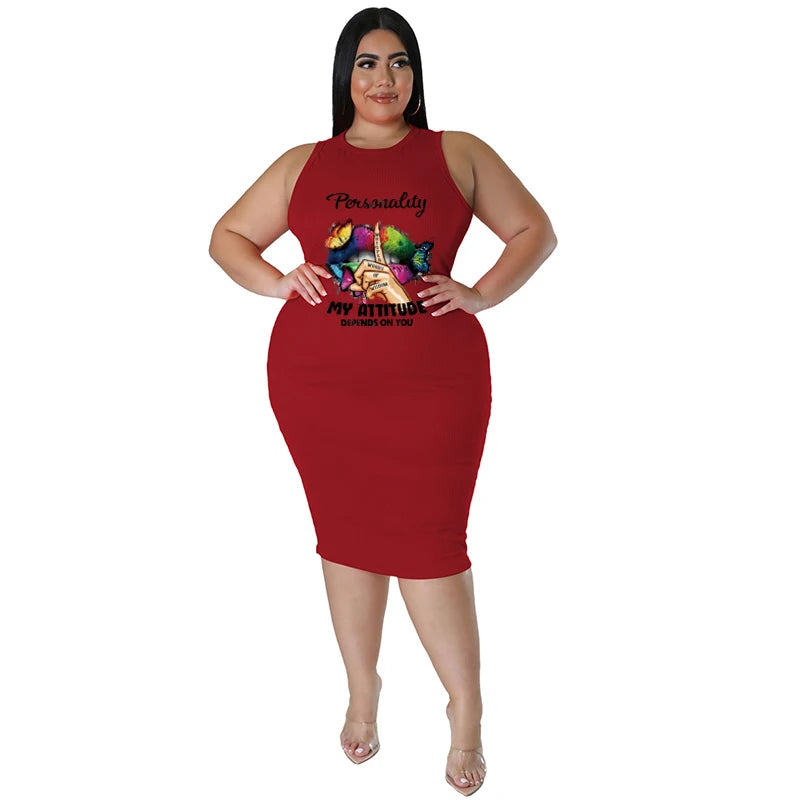 Wmstar Plus Size Women Clothing Dress Summer Lip Print Bodycon Stretch Elegant Midi Dresses Women Wholesale Dropshiping 2023