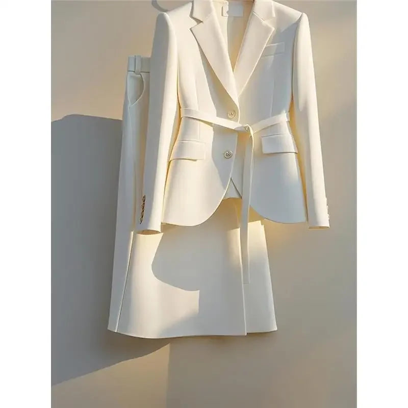 Maxy Korean Female Lead Early Autumn High-end White Suit Jacket Half Skirt Professional Two-piece Set Clothing