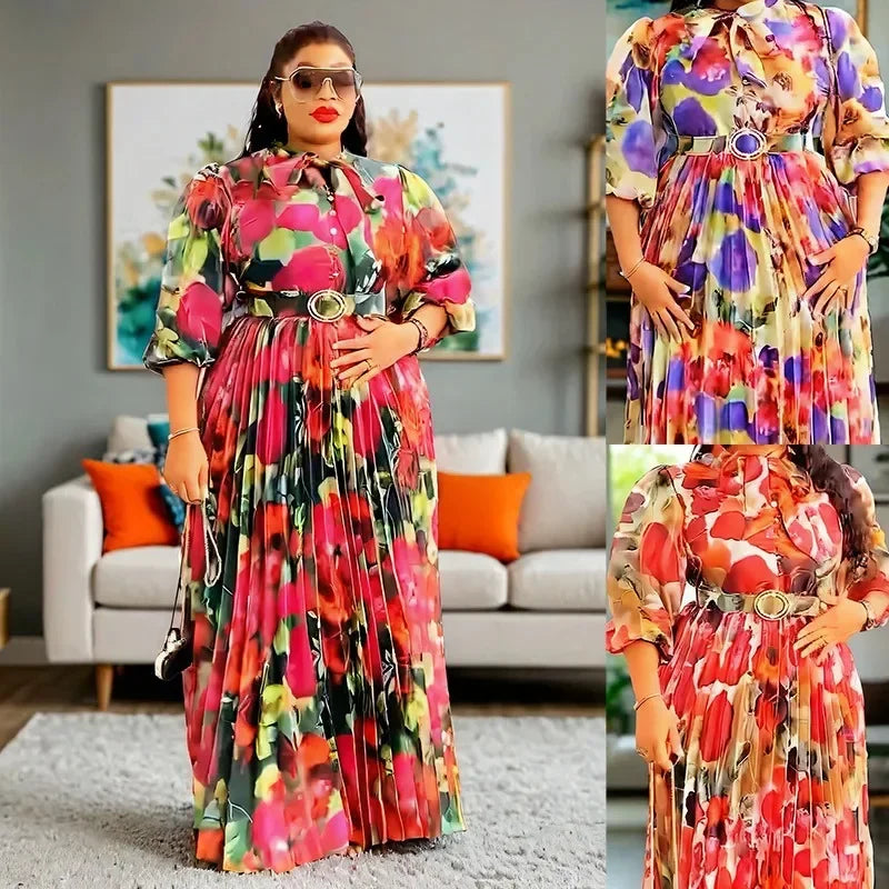 Maxy Plus Size Print Dresses Autumn Elegant 3/4 Sleeve Party Evening Long Dress Gowns Dashiki African Clothes