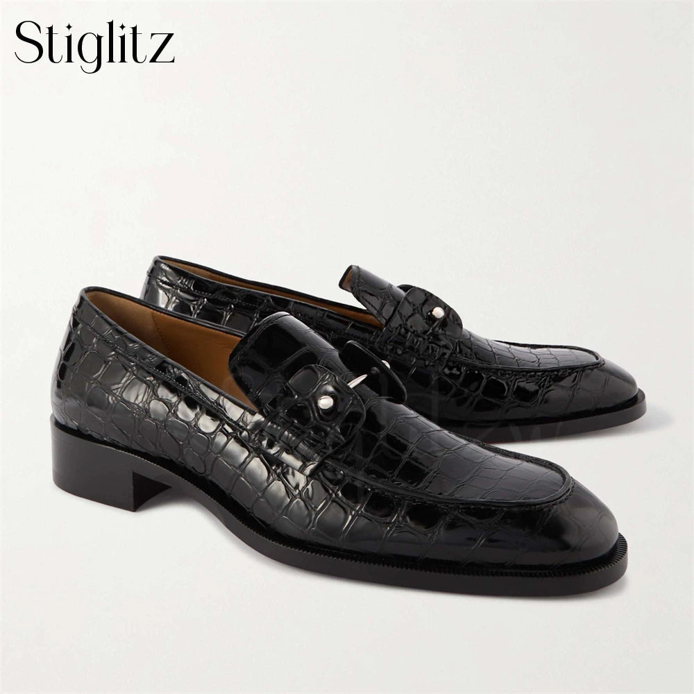 Visco Embellished Croc-Effect Leather Derby Shoes Metallic Fastener Loafers Luxury Designer Style Handmade Men's Shoes Latest Arrivals