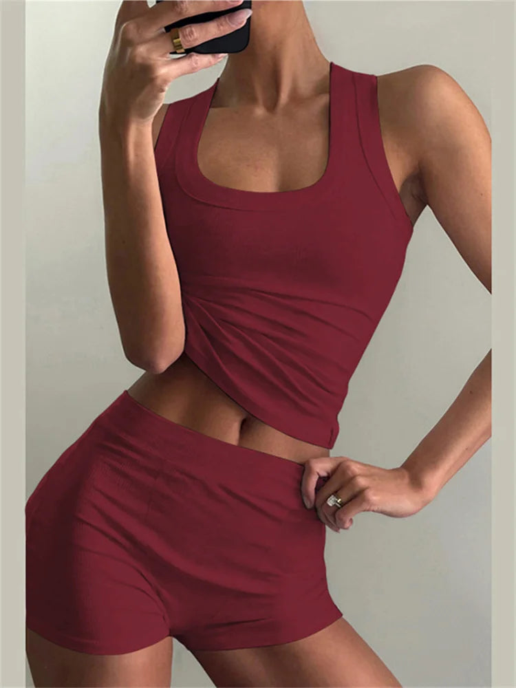 Maxy Nibbler Ribbed Casual 2 Piece Set Women Tracksuit Sporty Square Collar Tank Tops+Shorts Suit Streetwear Simple Matching Outfits