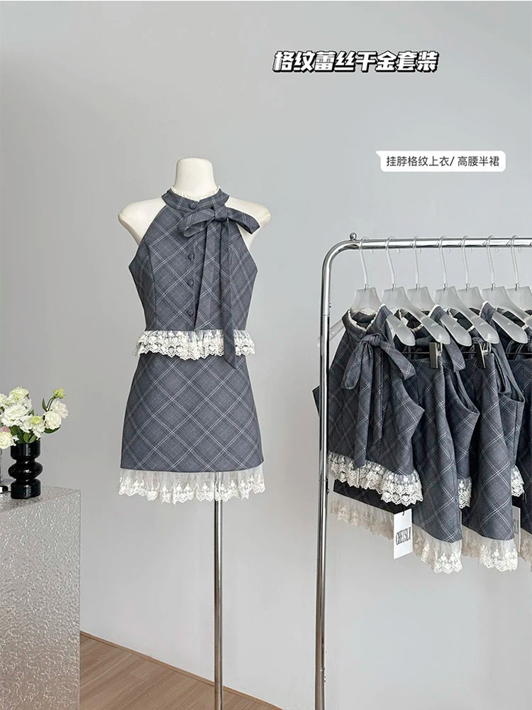 Amay Summer Women Old Money Ballet Core Party Rave Birthday Vacation Club Suit Lace Plaid Outfits 2 Piece Set Tank Top + Mini Skirt