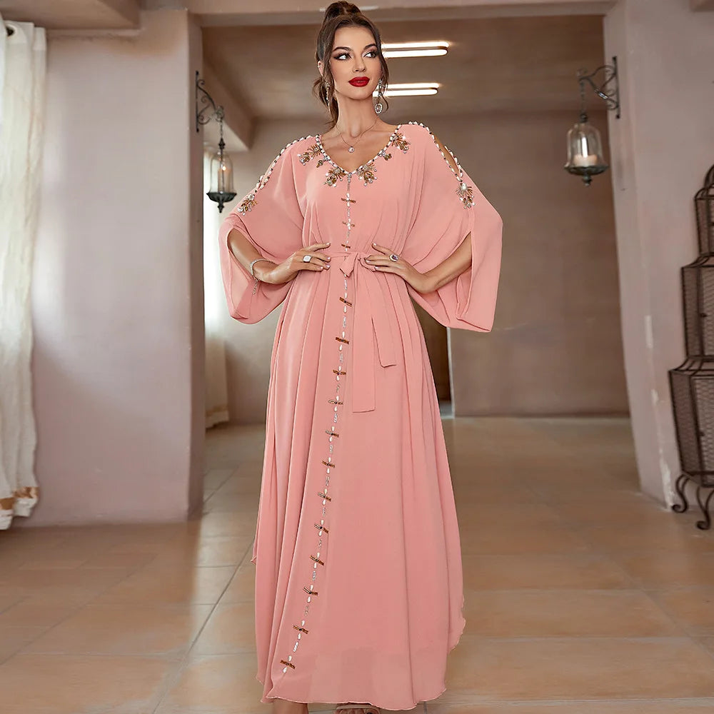 Maxy Eid Mubarak Pink Kaftan Dubai Abaya Turkey Islam Muslim Fashion Long Modest Dress Abayas For Women Robe Femme Musulmane