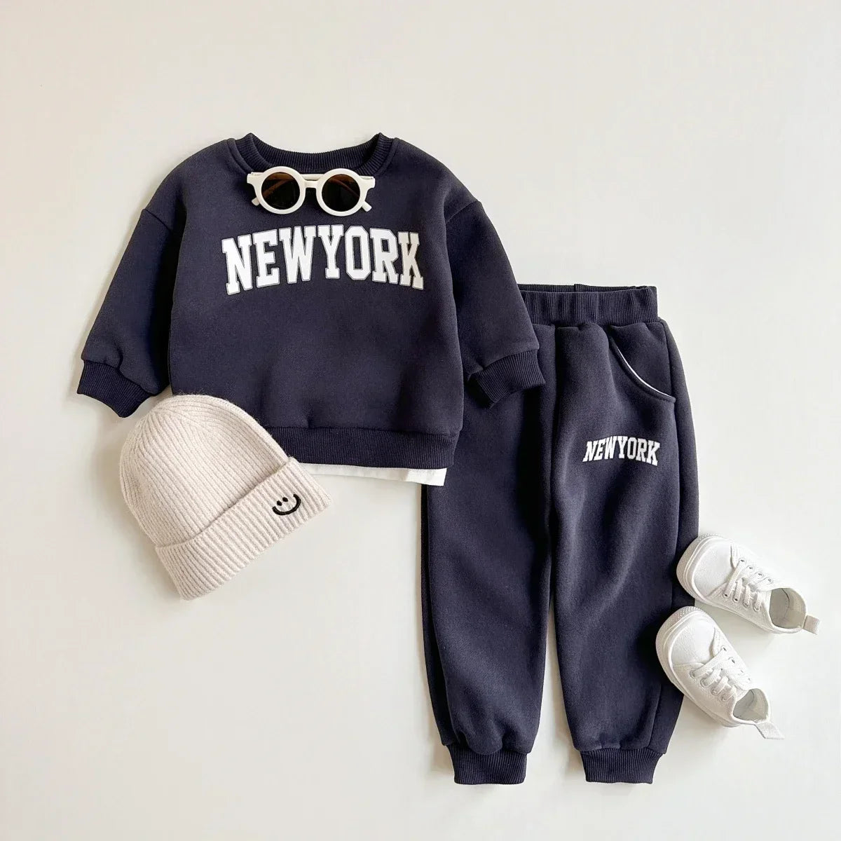 Maxy 2Pcs Baby Clothing Set Boys Girls New York Print Sports Top Pants Suit Sweatshirt Winter Toddler Outfit Thick Newborn Clothes