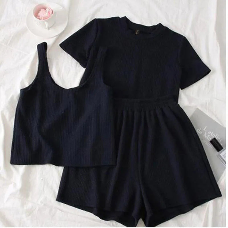 Women Three Piece Sets New 2024 Summer Tank Crop Tops + Shorts Outfit Woman Body Tracksuit Clothes Fashion 3 Pcs Sportsuit