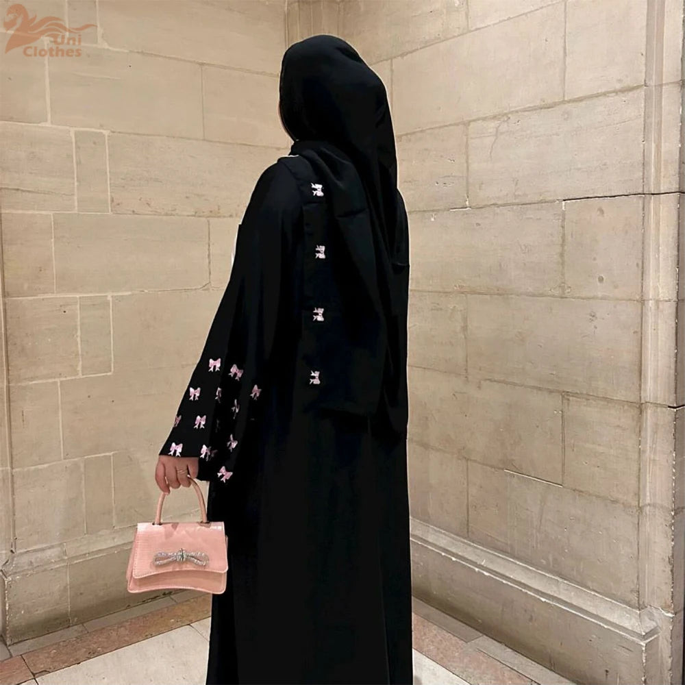 Maxy Butterfly Embroidery Muslim Modest Cardigan for Women Ramadan Saudi Arabia Black Hijab Abaya Islam Turkey Kaftan Robe