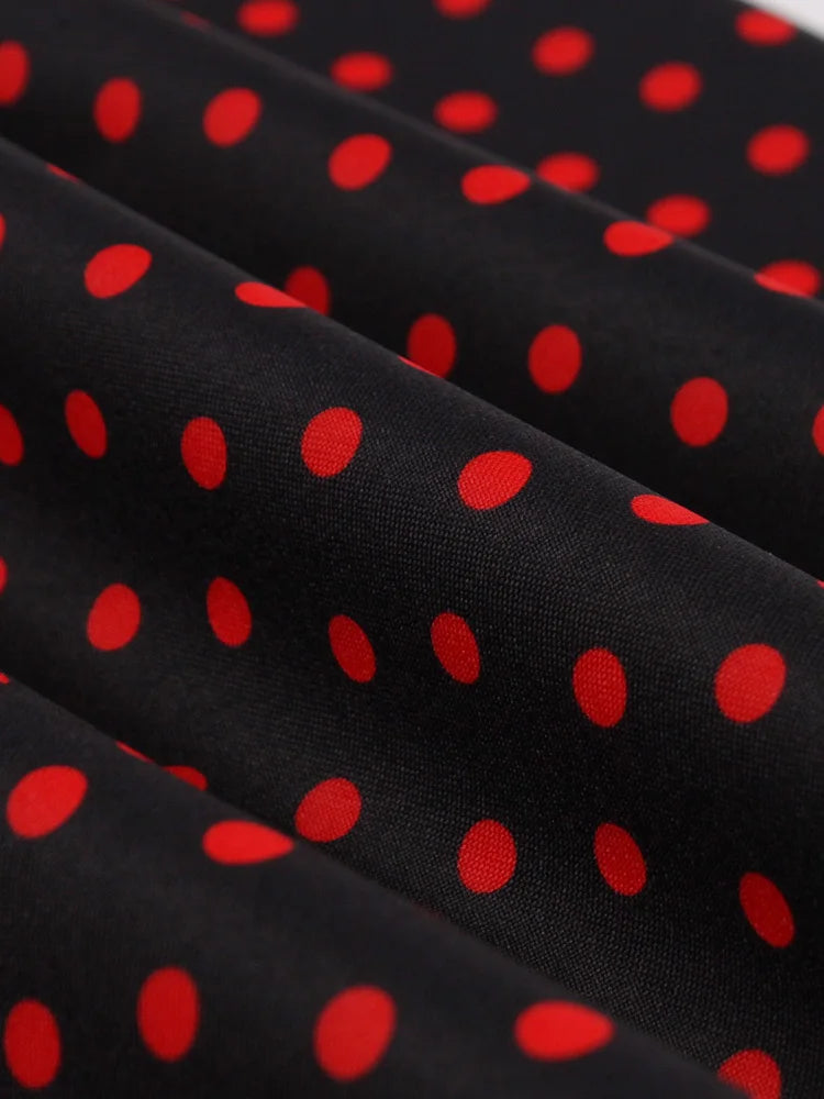 Maxy Toval Stand Collar Hollow Out Front Button Evening Party Dresses Women Cap Sleeve Polka Dot Vintage Dress Elegant Female