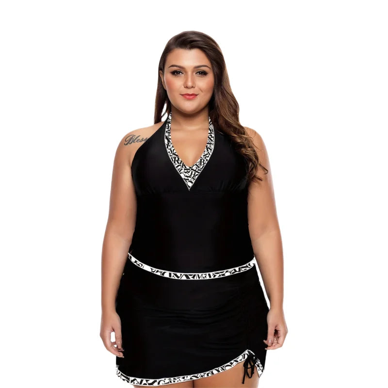 Maxy Swimsuits Women Padded Plus Size High Waist Two Piece Halter Mesh Swimwear Tankini Top Big Breasts Bathing Suit Beachwear