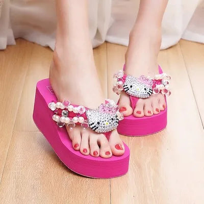 Maxy New Arrival Hello Kitty Sanrio Soft Flip Flop Sandals Y2k Beach Slides Shoes Women Casual Wedge High Heels Platform For Slippers